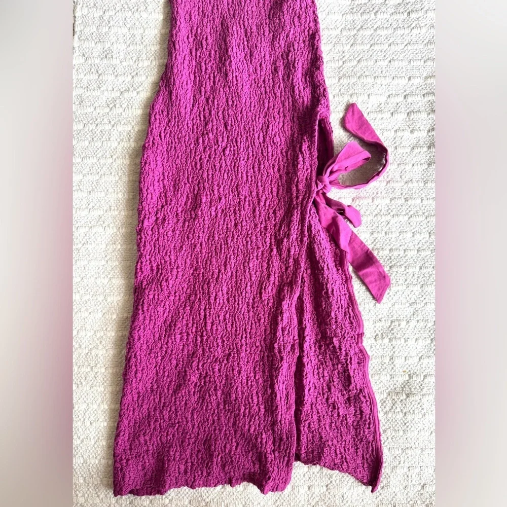 NWOT Free People Sea Foam textured midi dress bodycon tie neck and side slit